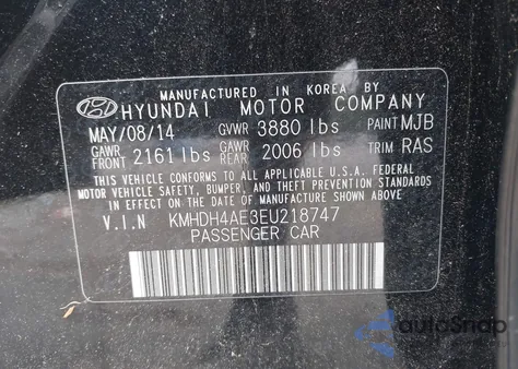 2014 Hyundai Elantra Se/Sport/Limited z USA, uszkodzony, nr VIN KMHDH4AE3EU218747